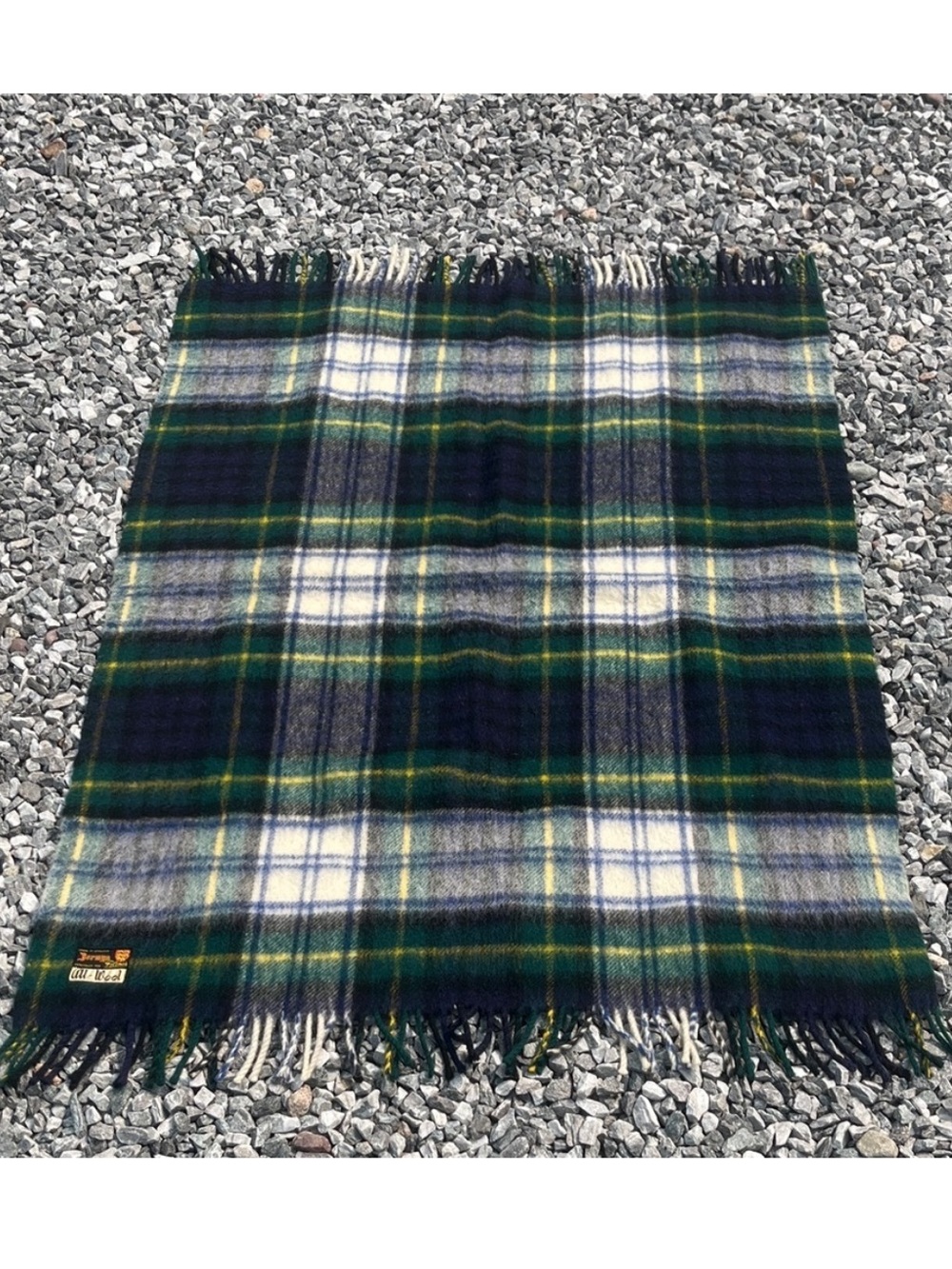 Vintage Filene's Boston 100% Wool Green Blue Plaid Lap‎ Blanket Fringe England